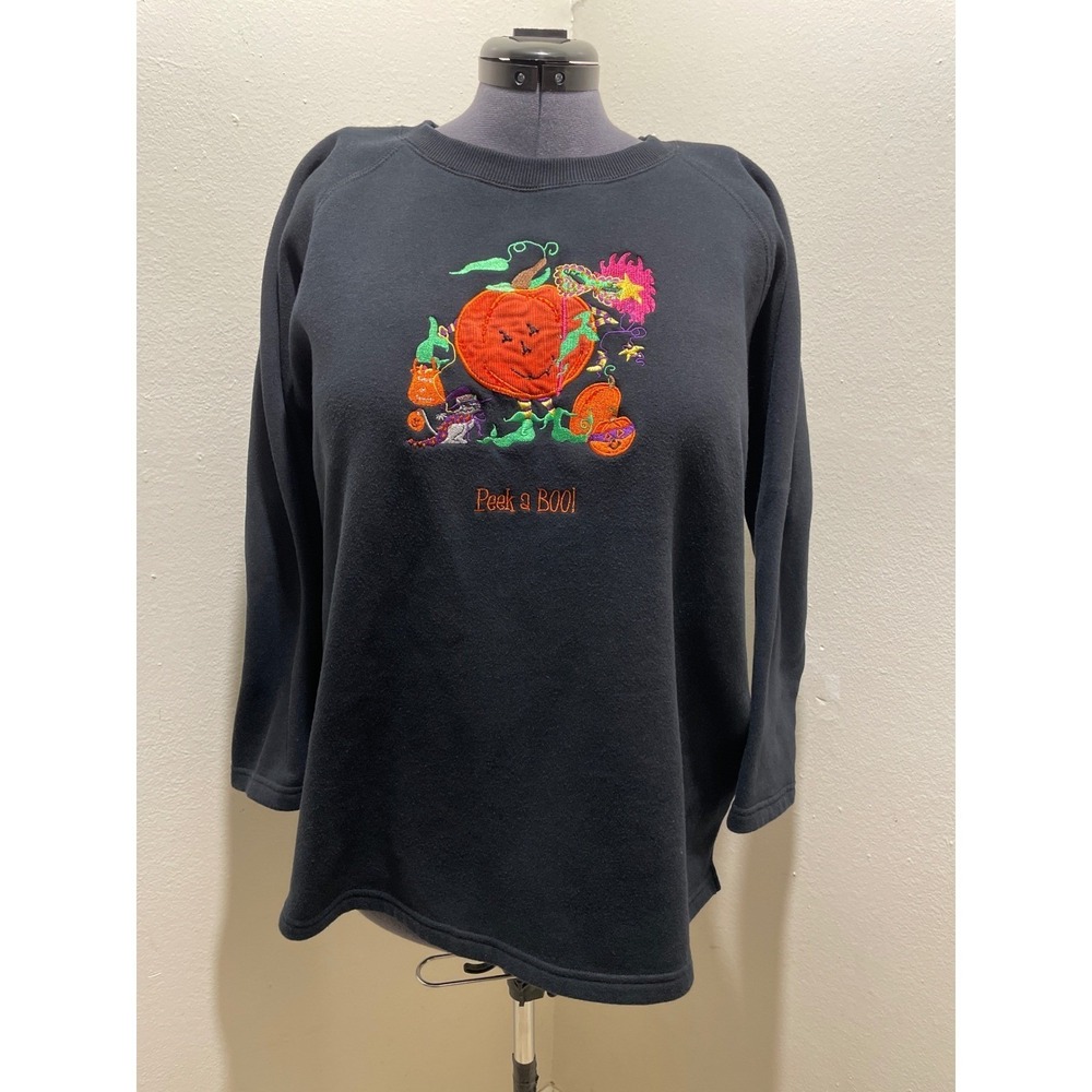 Quacker Factory Halloween Peek a BOO Embroidered Sweatshirt Black 1X
